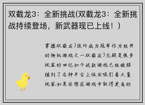 双截龙3：全新挑战(双截龙3：全新挑战持续登场，新武器现已上线！)